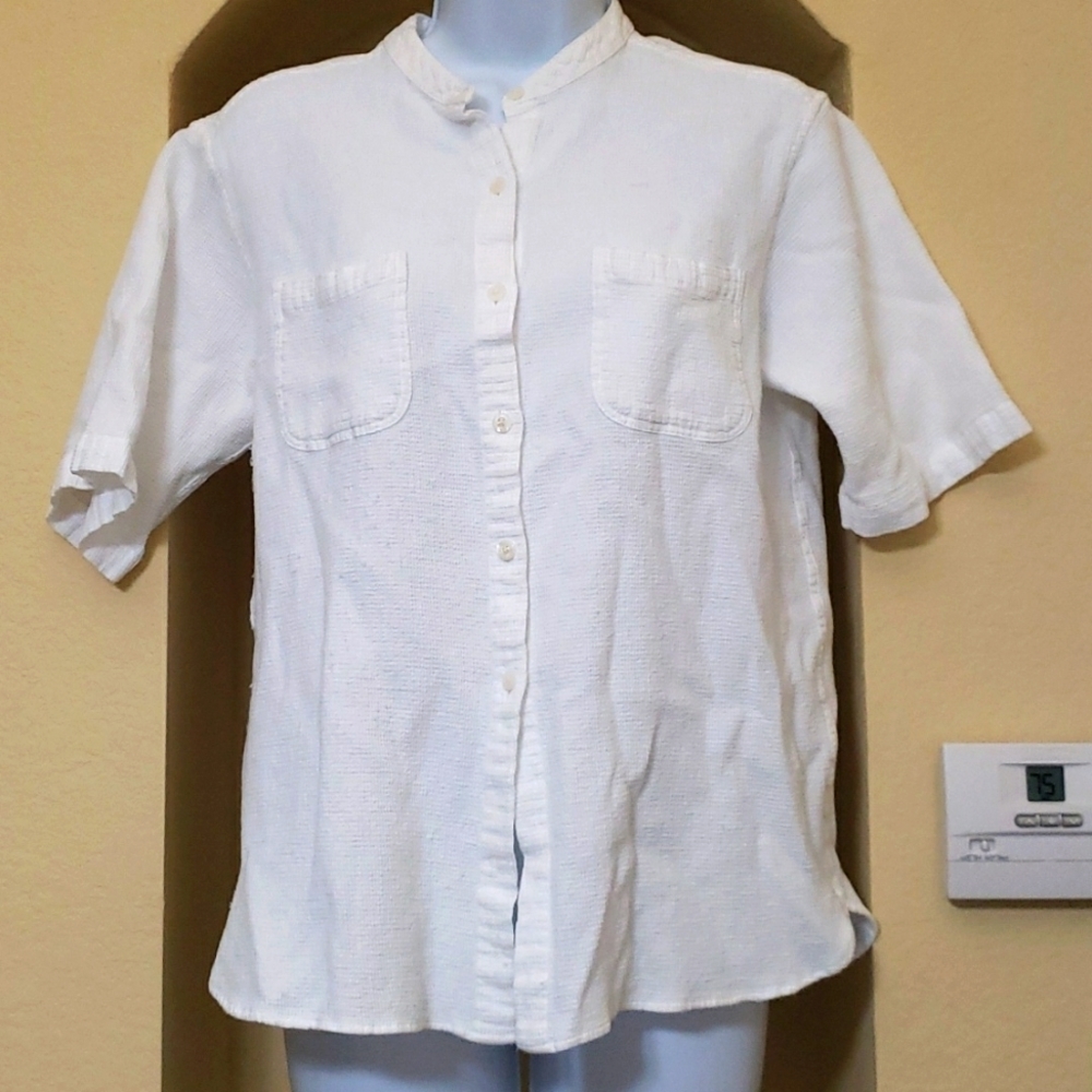 L.L.Bean 100% cotton button up shirt textured‎  white